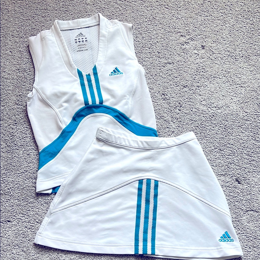 Adidas White and Teal Tank and Tennis Skirt Athletic 2 Pc Set Small 7-8